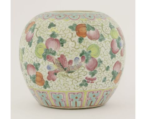 A Chinese famille rose ginger jar, c.1900, painted with scrolling melons and butterflies, between ruyi head and false gadroon