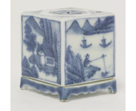 A blue and white box and cover, Republic period (1912-1949), painted with figures within landscapes, the top pierced with a C