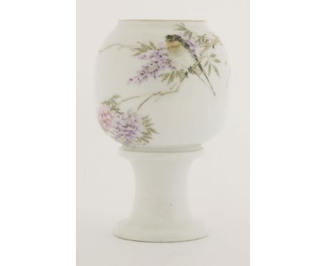 A famille rose lantern on stand, c.1970, painted with a bird perched on a blossoming branch, signature of Furen, 13.6cm (2)