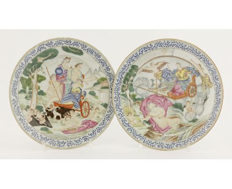 Two famille rose plates,18th century, one emblematic of 'Air', and painted on one side with a nymph chasing the rainbow above