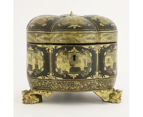 A Chinese export black-lacquered tea caddy,late 19th century, the box in the form of a melon, with gilt decorated panels of f