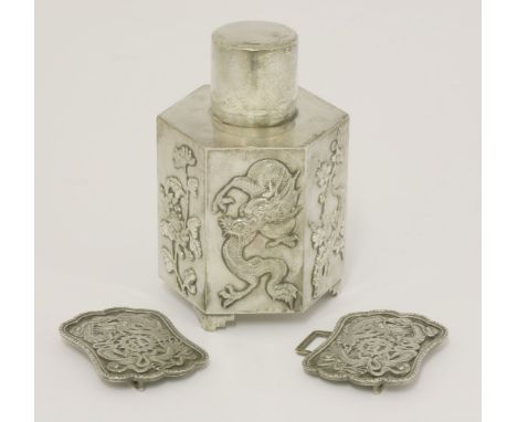 A Chinese silver tea caddy,c.1900, by Wang Hing, of hexagonal form applied with crisp dragons, prunus and chrysanthemum, pull