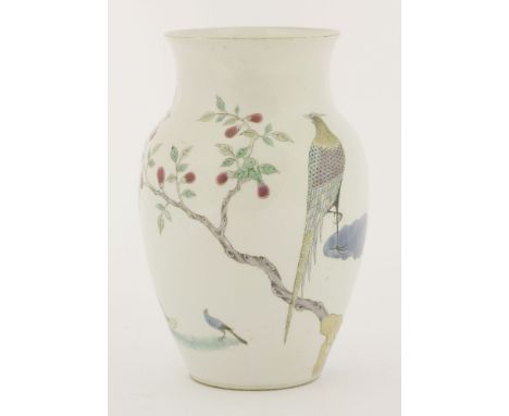 An unusual famille rose vase,late Qing dynasty, thinly potted, attractively enamelled with a pheasant on a blue rock, other b