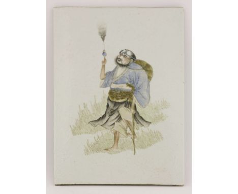 A famille rose ceramic plaque,20th century, painted with Li Tieguai, one of the Eight Daoist Immortals, walking with an iron 