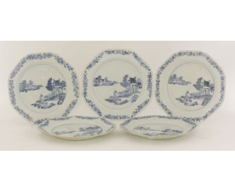 A set of five porcelain blue and white octagonal plates,mid to late 18th century, painted with dogs, seated or standing, in f