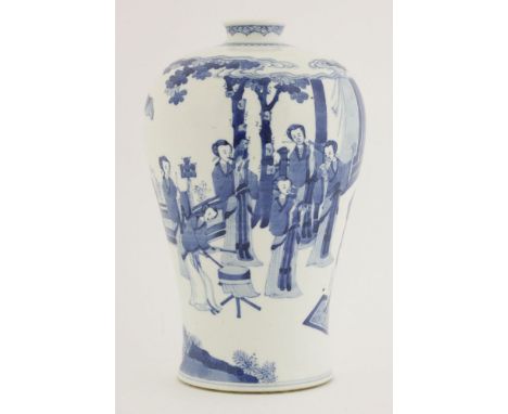 A blue and white vase, 20th century, painted in the Kangxi style with a continuous scene of musicians and a dancer performing