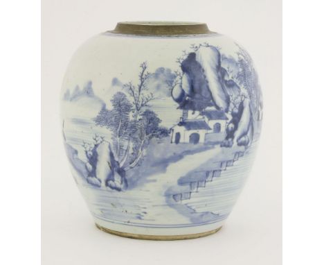 A large blue and white ginger jar, 18th century, painted with a landscape with mountains, buildings and figures, 25cm