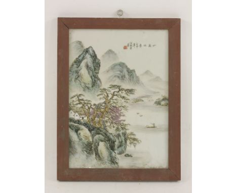 A ceramic panel,dated Year of Renshen (1992), with the signature of Wang Guiying (1931-2012), painted with a mountainous land