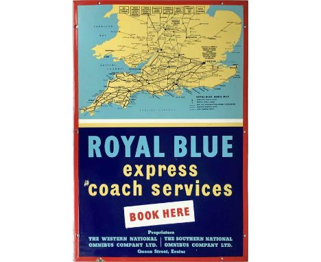 A c1950s enamel BOOKING OFFICE SIGN for Royal Blue Express Coach Services incorporating a network map in the top half. A supe