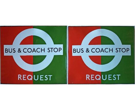 London Transport enamel BUS & COACH STOP FLAG (request). A 1950s/60s 'bullseye'-style, double-sided 'boat'-type flag. Measure