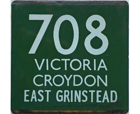 London Transport coach stop enamel E-PLATE for Green Line route 708 destinated Victoria, Croydon, East Grinstead. Likely to h