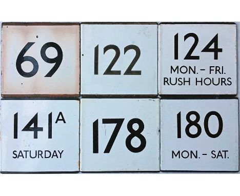 Selection of London Transport bus stop, enamel E-PLATES comprising routes 69, 122, 124 Mon-Fri Rush Hours, 141A Saturday, 178