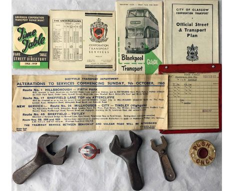 Collection of bus & tram items comprising 3 x cast-iron TRAM CONTROLLER KEYS, London tram/trolleybus CAP BADGE (one fixing lu