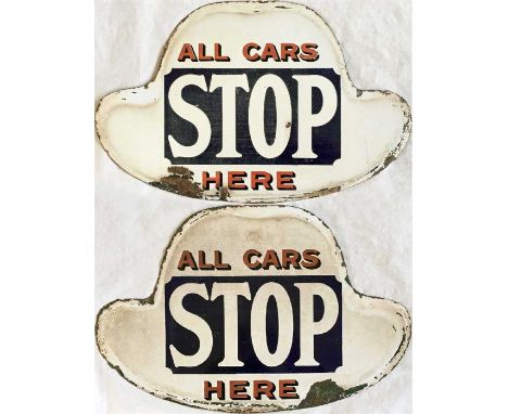 London County Council (LCC) Tramways enamel TRAM STOP 'All Cars stop here'. A double-sided sign in the clover-leaf shape used