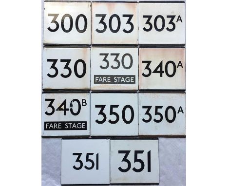 Selection of London Transport bus stop enamel E-PLATES, all in the 3xx series from LT's northern Country Area. All different 