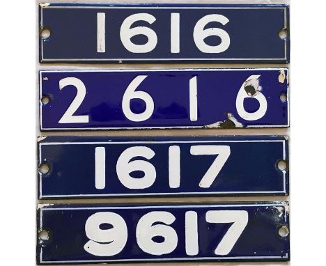 Set of London Underground enamel STOCK-NUMBER PLATES from a 4-car unit of 1962-Tube Stock comprising Driving Motor Cars 1616 