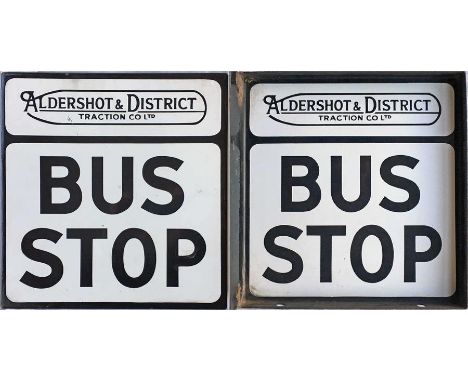 1950s/60s Aldershot & District enamel BUS STOP FLAG. A fully-flanged, double-sided sign measuring 12" x 12.5" (30cm x 32cm). 