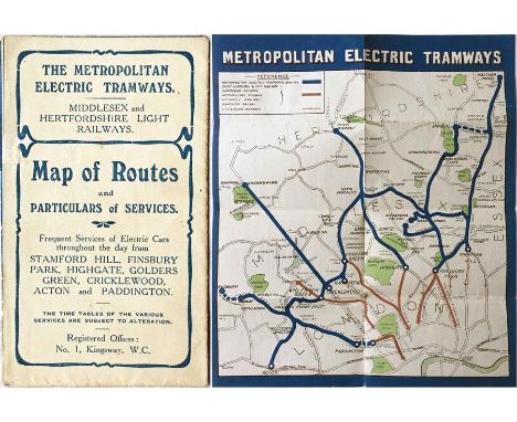 c1910 Metropolitan Electric Tramways small, pocket-sized MAP OF ROUTES and Particulars of Services. Includes the "Middlesex a