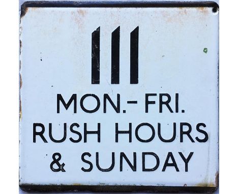 London Transport bus stop, enamel E-PLATE for route 111 Mon-Fri Rush Hours & Sunday. Believed have been located on the Cranfo