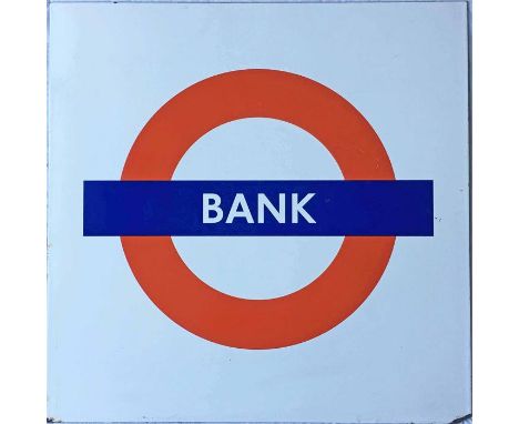 London Underground enamel PLATFORM ROUNDEL SIGN from Bank station. Measures 25" (64cm) square and is in very good, ex-use con