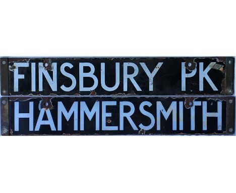 London Underground Standard Tube Stock enamel CAB DESTINATION PLATE for Finsbury Pk / Hammersmith on the Piccadilly Line. A d