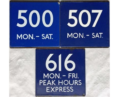 Small selection of London Transport bus stop enamel E-PLATES comprising Red Arrow routes 500 Mon-Sat and 507 Mon-Sat plus rou