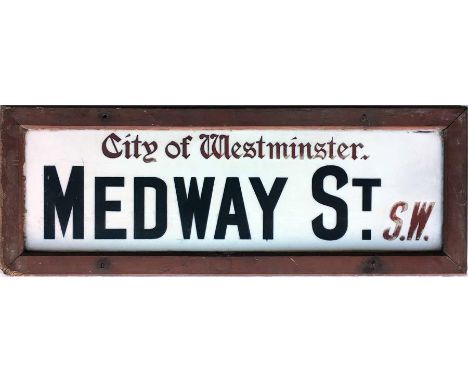 A c1930s City of Westminster opal glass STREET SIGN from Medway St, SW, a residential street in Pimlico (SW1) off Horseferry 