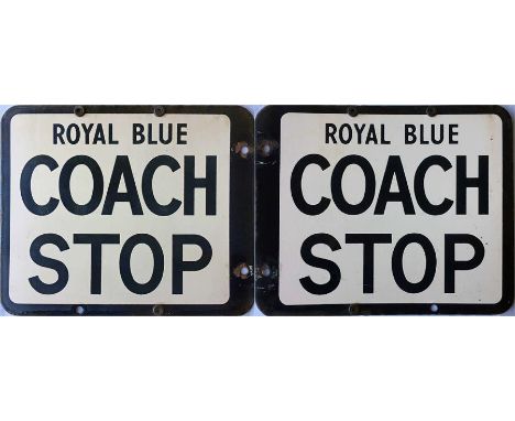 A 1950s/60s enamel COACH STOP FLAG 'Royal Blue'. A double-sided sign measuring 13" x 10.5" (33cm x 27cm). In very good, ex-us