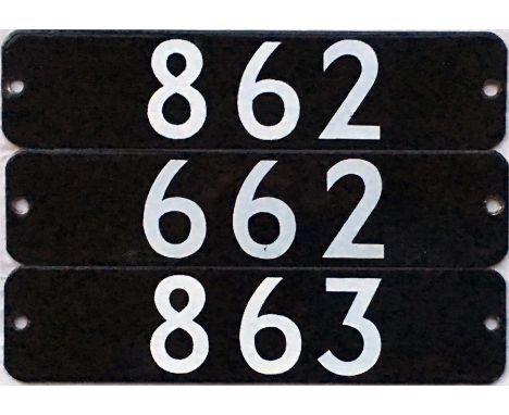 Set of London Underground 1973 Tube Stock enamel STOCK-NUMBER PLATES from a double-ended 3-car unit: 862, 662 and 863, two dr
