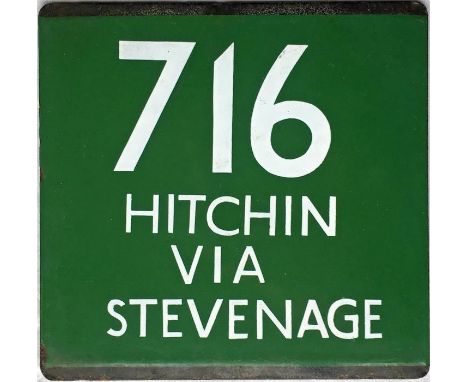 London Transport coach stop enamel E-PLATE for Green Line route 716 destinated Hitchin via Stevenage. We speculate that this 
