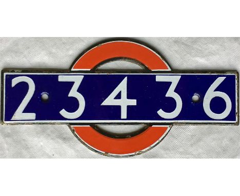 London Underground enamel STOCK-NUMBER PLATE from R-Stock Non-Driving Motor Car 23436. These plates were located inside the c