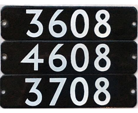 Set of London Underground 1983 Mk I Tube Stock enamel STOCK-NUMBER PLATES from a 3-car unit: 3608, 4608 and 3708, two motor c