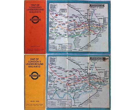 Pair of 1920s 'Stingemore' London Underground linen-card POCKET MAPS comprising the first edition dated 11-5-25 (red cover) a