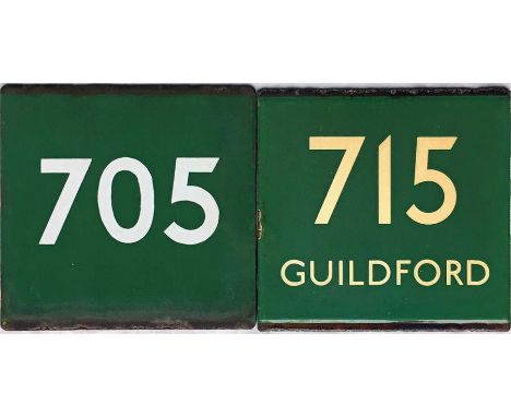 Pair of London Transport coach stop enamel Green Line E-PLATES for routes 705 and 715 destinated Guildford. Both in good ex-u