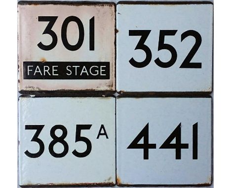 Selection of London Transport bus stop, enamel E-PLATES comprising routes 301 Fare Stage, 352, 385A and 441. All in ex-use co