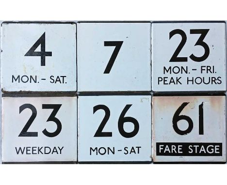 Selection of London Transport bus stop, enamel E-PLATES comprising routes 4 Mon-Sat, 7, 23 Mon-Fri Peak Hours, 23 Weekday, 26