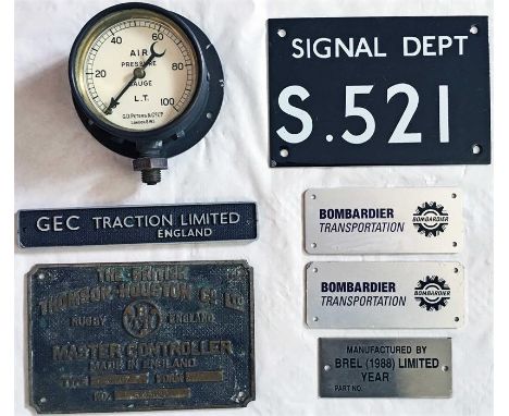 London Underground items comprising an AIR GAUGE, brass-framed, believed to be ex 38 Tube Stock, a small ENAMEL SIGN 'Signal 