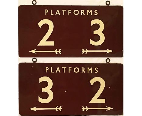 British Railways (Western Region) enamel PLATFORM SIGN 'Platforms 2 and 3' with arrows. A  fully-flanged, double-sided sign w