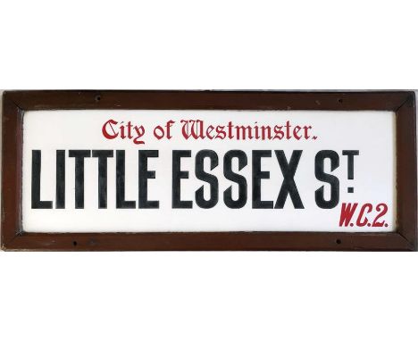 A c1930s City of Westminster opal glass STREET SIGN from Little Essex Street, WC2, a short street near Temple in London's leg