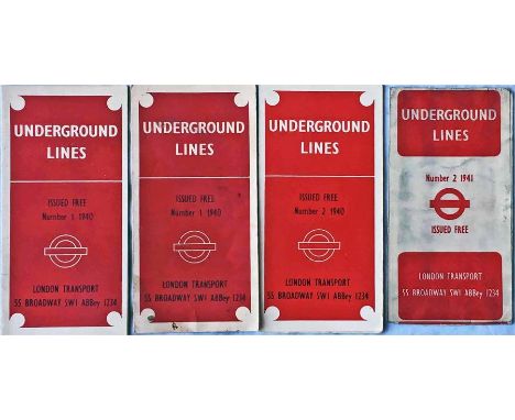 Selection of WW2-vintage London Underground diagrammatic card POCKET MAPS comprising issues No 1, 1940 (2 copies), No 2, 1940