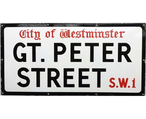 A City of Westminster enamel STREET SIGN from Gt. Peter Street, SW1, a long thoroughfare which leads off Millbank. The 'Gothi