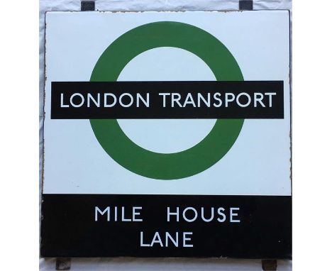 1950s/60s London Transport enamel BUS STOP SIGN ' Mile House Lane' from a 'Keston' wooden bus shelter at this stop on the Lon