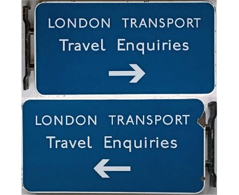 London Transport enamel SIGN 'Travel Enquiries'. A double-sided, flanged sign complete with original mounting bracket. Likely