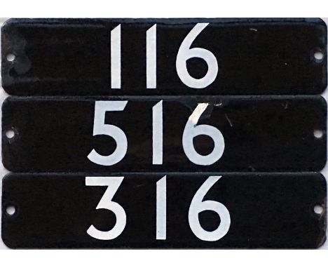 Set of London Underground 1973 Tube Stock enamel STOCK-NUMBER PLATES from a 3-car unit: 116, 516 and 316, a driving motor car