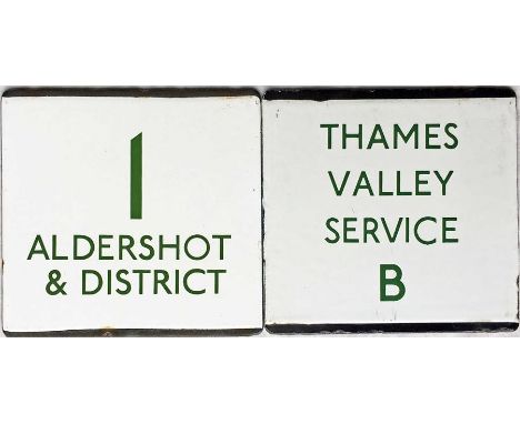 Pair of London Transport bus stop enamel E-PLATES for route 1 Aldershot & District and Thames Valley Service B, both with the