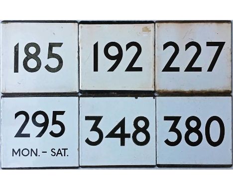 Selection of London Transport bus stop, enamel E-PLATES comprising routes 185, 192, 227, 295 Mon-Sat, 348 and 380. All in ex-