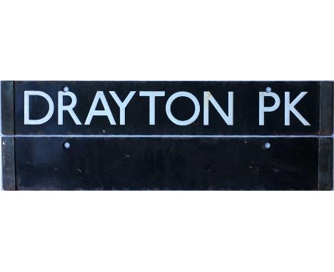 London Underground 38-Tube Stock enamel CAB DESTINATION PLATE for Drayton Pk / [blank] on the Northern City Line. Probably da