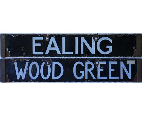 London Underground Standard Tube Stock enamel CAB DESTINATION PLATE for Ealing / Wood Green on the Piccadilly Line. A double-