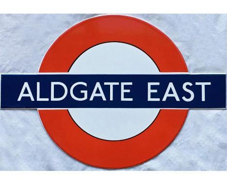 A small London Underground enamel PLATFORM BULLSEYE SIGN from Aldgate East station. Believed to have been made for the pillar