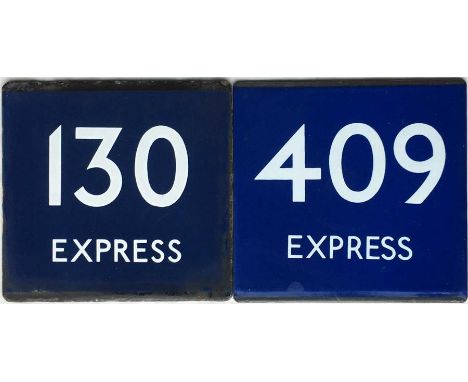 Pair of London Transport/London Country bus stop enamel E-PLATES for routes 130 Express and 409 Express. Both are finished in